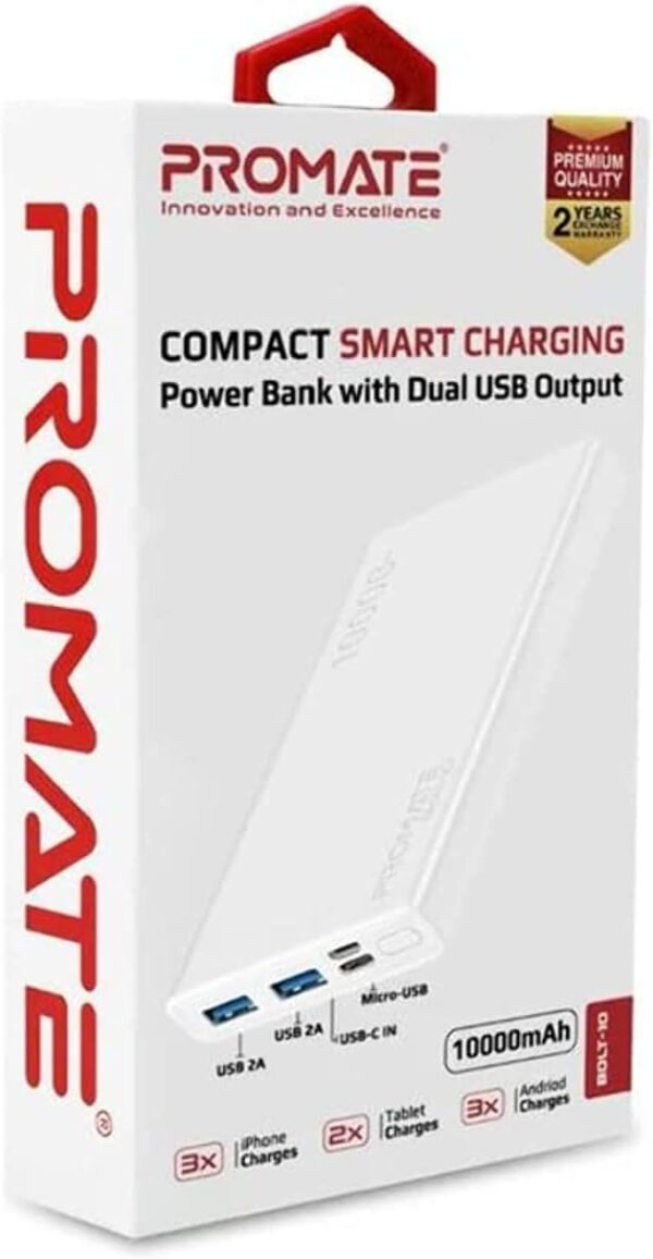 Promate 10000mAh Portable Charger, Fast Charging 2.0A Dual USB Premium Battery Power Bank with Input USB Type-C Port, Over Charging Protection for Smartphones, Tablets, iPod, Bolt-10 (White) - Image 10