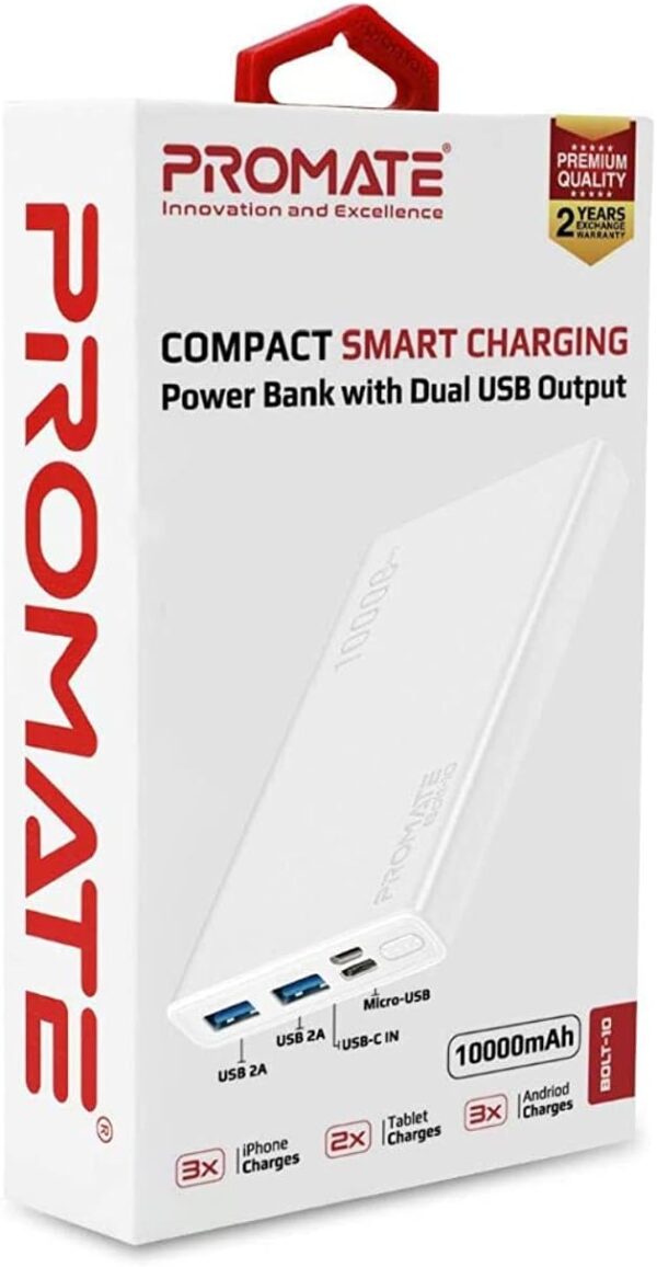 Promate 10000mAh Portable Charger, Fast Charging 2.0A Dual USB Premium Battery Power Bank with Input USB Type-C Port, Over Charging Protection for Smartphones, Tablets, iPod, Bolt-10 (White) - Image 8