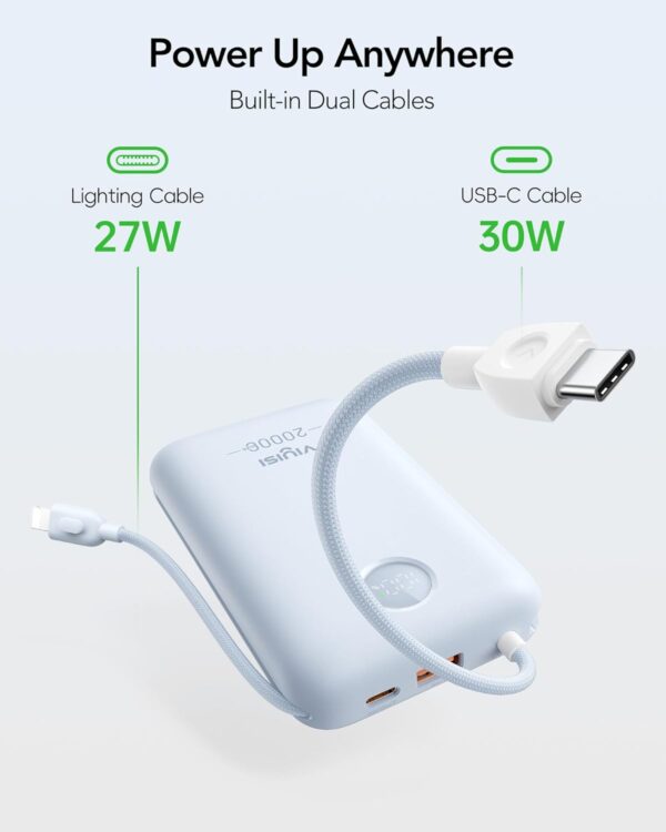 VIYISI Power Bank 20000mAh 30W Fast Charging Portable Charger with Built-in Cables & LED Display, USB C Battery Pack for iPhone, Samsung, iPad and Android Phones, Ideal for Travel -Light Blue - Image 3