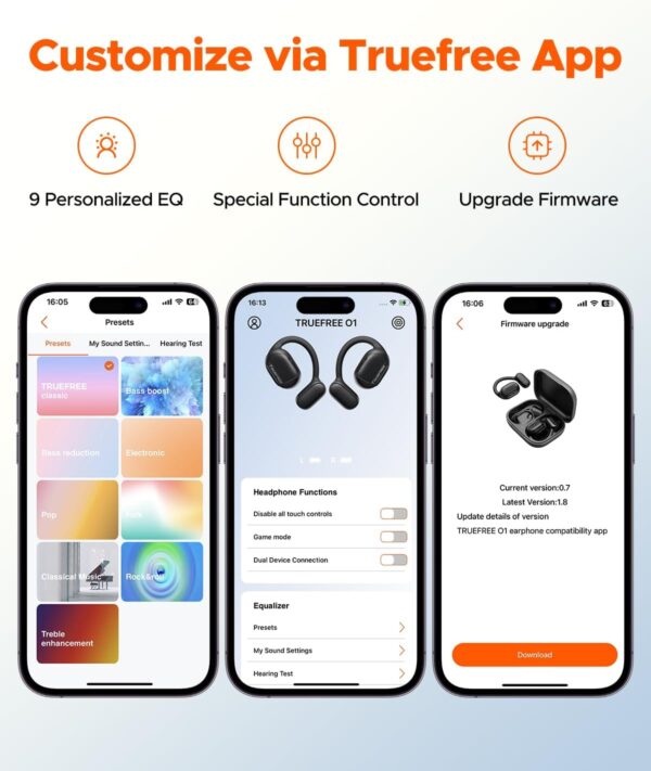 TRUEFREE O1 Open Ear Headphones Bluetooth V5.3, Air Conduction Tech for Sports, Wireless Earbuds with Ear Hooks, 4 Mics Clear Calls 16.2mm Enhanced Bass Driver, 54Hrs Playtime, for Workout App Control - Image 9