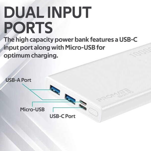 Promate 10000mAh Portable Charger, Fast Charging 2.0A Dual USB Premium Battery Power Bank with Input USB Type-C Port, Over Charging Protection for Smartphones, Tablets, iPod, Bolt-10 (White) - Image 5