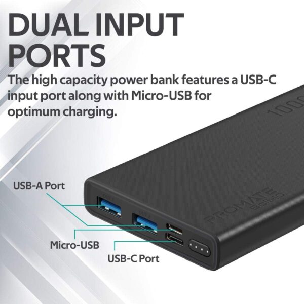 Promate 10000mAh Portable Charger, Fast Charging 2.0A Dual USB Premium Battery Power Bank with Input USB Type-C Port, Over Charging Protection for Smartphones, Tablets, iPod, Bolt-10 (Black) - Image 5
