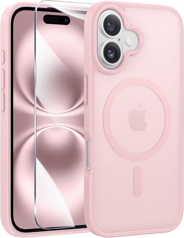 FNTCASE for iPhone 16 Phone Case: Magnetic Translucent Matte Shockproof Slim Cell Phone Cover - Military Grade Drop Proof Hard Back Anti-Fingerprint Protective Case (6.1 inch/Pink) - Image 2