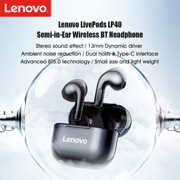 Lenovo LivePods LP40 TWS Semi-In-Ear Earbuds BT 5.0 True Wireless Earbuds with Touch Control Handsfree Call Stereo Sound Noise Cancelling Headphones with Two-Ear Design, Black - Image 6