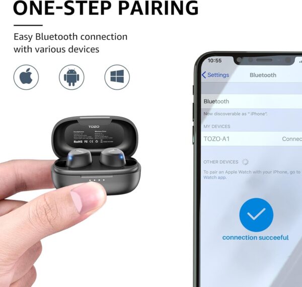 TOZO A1 Mini Wireless Earbuds Bluetooth 5.3 in Ear Light-Weight Headphones Built-in Microphone, IPX5 Waterproof, Immersive Premium Sound Long Distance Connection Headset with Charging Case, Black - Image 6