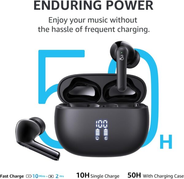 YELKUTT Earbuds Headphones Wireless, Earphones with HiFi Stereo Deep Bass, Bluetooth 5.3 Earphones with 6 ENC Noise Cancelling Mic, 50H Playtime, Dual LED Display, IPX8 Waterproof - Image 3