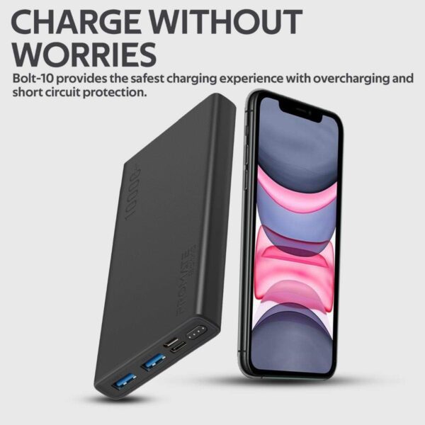 Promate 10000mAh Portable Charger, Fast Charging 2.0A Dual USB Premium Battery Power Bank with Input USB Type-C Port, Over Charging Protection for Smartphones, Tablets, iPod, Bolt-10 (Black) - Image 7