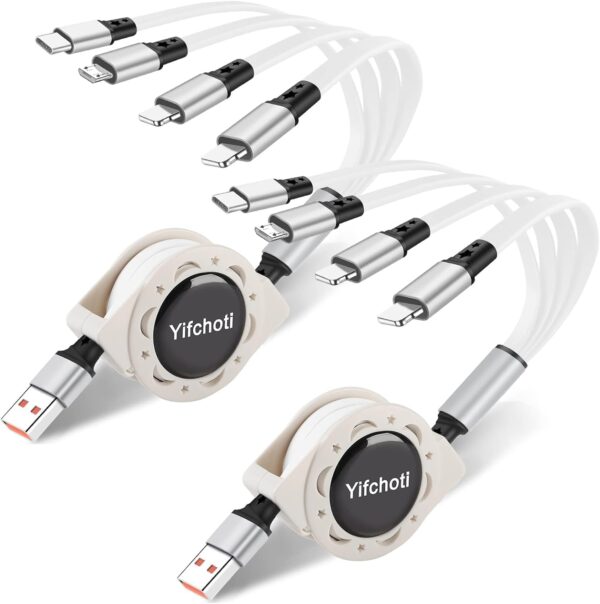 Aywenny 2Pack 4 in 1 Multi USB Retractable Charger Cable,Multiple Charging Cord Adapter with Dual Phone/USB-C/Micro-USB Port Adapter, Fast Charging with Cell Phones Tablets Universal Use (White) - Image 2