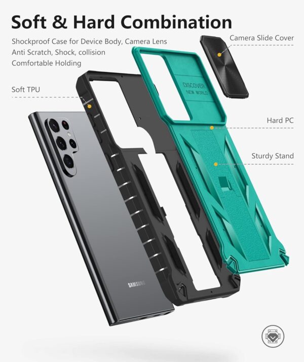 Case for Samsung Galaxy S22 Ultra: Rugged Protective S22 Ultra 5G Mobile Phone Cover with Kickstand & Slide - TPU Shockproof Bumper Textured Matte Design Military Grade Drop Protection - Green - Image 6