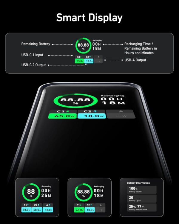 Anker Prime Power Bank, 20,000mAh Portable Charger with 200W Output, Smart Digital Display, 2 USB-C and 1 USB-A Port Compatible with MacBook Pro/Air, iPhone 16/15/14 Series, Samsung, Huaiwei, Dell - Image 7