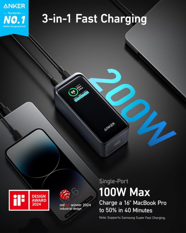 Anker Prime Power Bank, 20,000mAh Portable Charger with 200W Output, Smart Digital Display, 2 USB-C and 1 USB-A Port Compatible with MacBook Pro/Air, iPhone 16/15/14 Series, Samsung, Huaiwei, Dell - Image 3