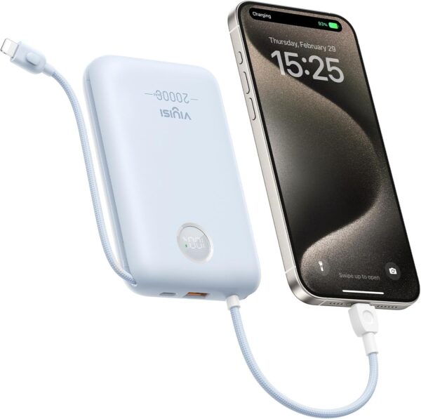 VIYISI Power Bank 20000mAh 30W Fast Charging Portable Charger with Built-in Cables & LED Display, USB C Battery Pack for iPhone, Samsung, iPad and Android Phones, Ideal for Travel -Light Blue - Image 2