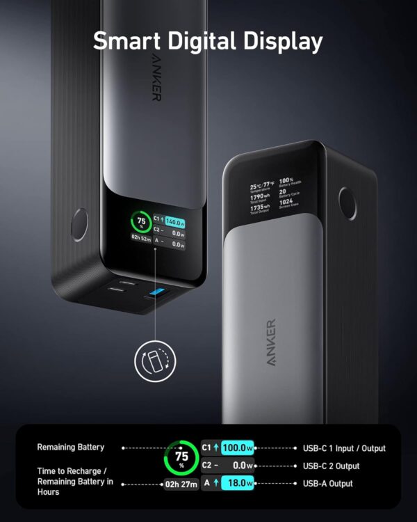 Anker 737 Power Bank (PowerCore 24K), 24,000mAh 3-Port Portable Charger with 140W Output, Smart Digital Display, Compatible with MacBook Pro/Air, iPhone 16/15/14 Series, Samsung, Huaiwei, Dell - Image 4