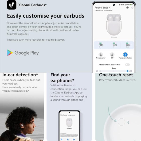 Xiaomi Xioami Redmi Buds 4 Blue 35dB Hybrid Active Noise Cancellation 3 adaptive ANC mode AI noise reduction IP54 dust and water resistant Up to 30h long battery life Glacier Gray, Approx. 55g - Image 9