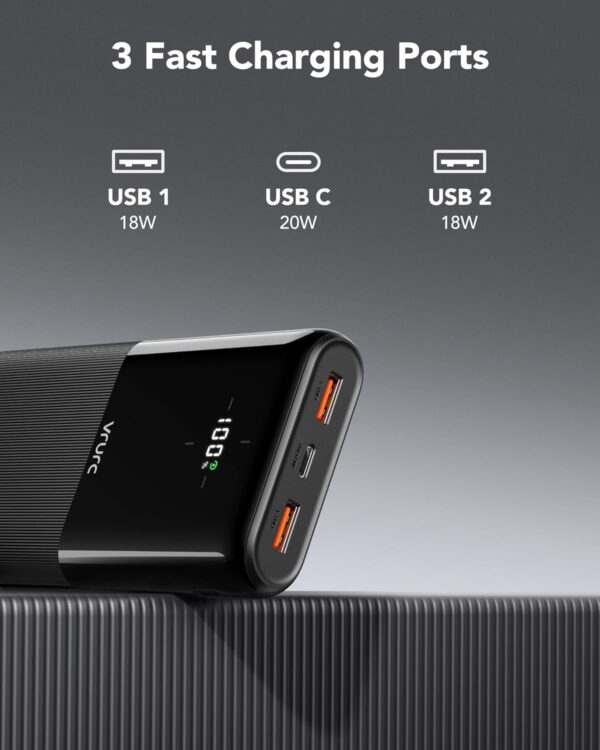 VRURC Power Bank 20000mAh 20W Fast Charging PD 18W QC 3.0 USB C Battery Pack Portable Charger with 3 Outputs & 2 Inputs Compatible with iPhone/Samsung/iPad/Android Smartphone/Tablet - Image 6