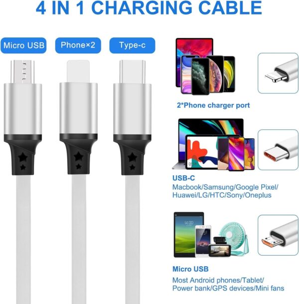 Aywenny 2Pack 4 in 1 Multi USB Retractable Charger Cable,Multiple Charging Cord Adapter with Dual Phone/USB-C/Micro-USB Port Adapter, Fast Charging with Cell Phones Tablets Universal Use (White) - Image 3