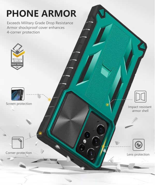 Case for Samsung Galaxy S22 Ultra: Rugged Protective S22 Ultra 5G Mobile Phone Cover with Kickstand & Slide - TPU Shockproof Bumper Textured Matte Design Military Grade Drop Protection - Green - Image 7