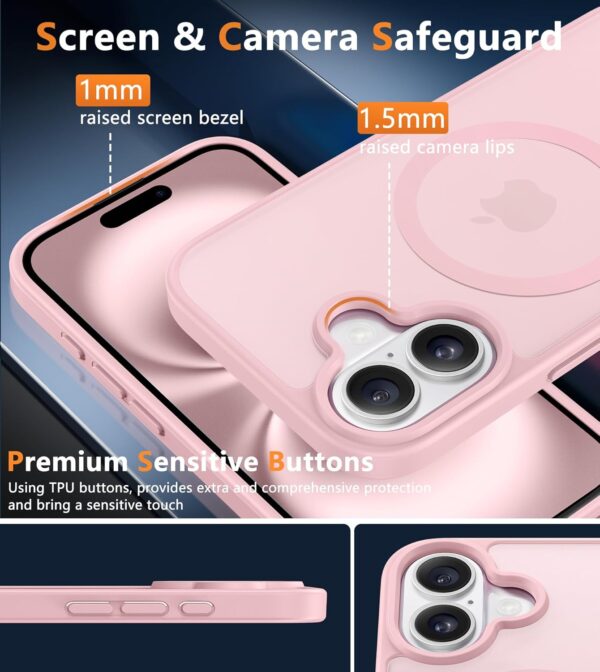 FNTCASE for iPhone 16 Phone Case: Magnetic Translucent Matte Shockproof Slim Cell Phone Cover - Military Grade Drop Proof Hard Back Anti-Fingerprint Protective Case (6.1 inch/Pink) - Image 7