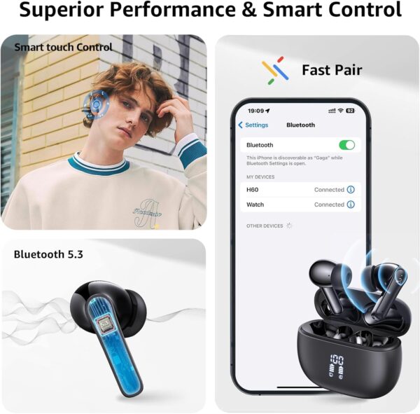 YELKUTT Earbuds Headphones Wireless, Earphones with HiFi Stereo Deep Bass, Bluetooth 5.3 Earphones with 6 ENC Noise Cancelling Mic, 50H Playtime, Dual LED Display, IPX8 Waterproof - Image 7