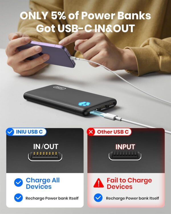INIU Power Bank, USB C in&out Slimmest 10000mAh Portable Charger, Triple 3A High-Speed Charge External Battery Pack, Flashlight Phone Charger for iPhone 16 15 14 13 12 11 X Samsung S22 S21 Google iPad - Image 6