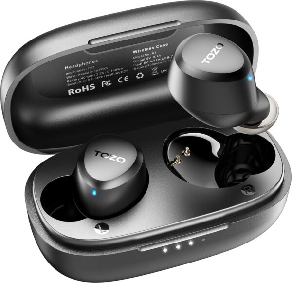 TOZO A1 Mini Wireless Earbuds Bluetooth 5.3 in Ear Light-Weight Headphones Built-in Microphone, IPX5 Waterproof, Immersive Premium Sound Long Distance Connection Headset with Charging Case, Black - Image 2