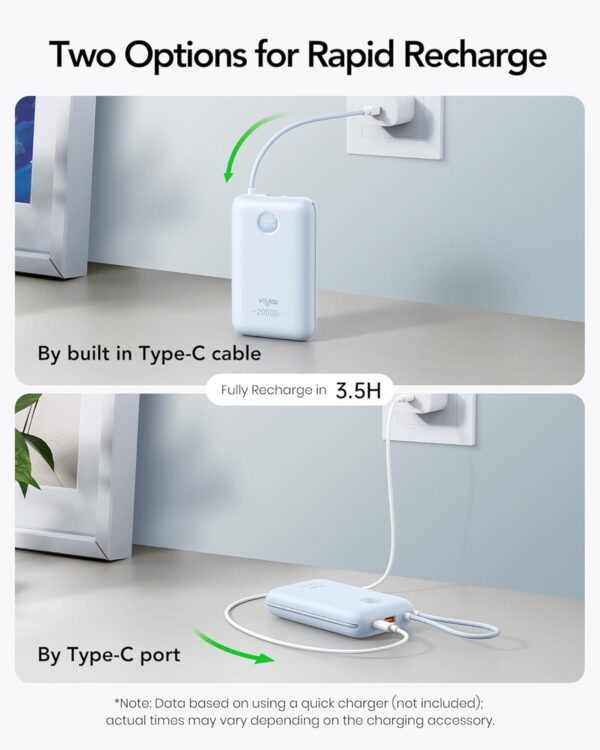 VIYISI Power Bank 20000mAh 30W Fast Charging Portable Charger with Built-in Cables & LED Display, USB C Battery Pack for iPhone, Samsung, iPad and Android Phones, Ideal for Travel -Light Blue - Image 5