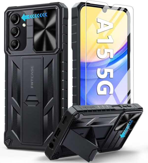FNTCASE for Samsung Galaxy A15-5G Case: Protective Shockproof Rugged Military Grade Drop Protection A15 Cell Phone Mobile Cover with Kickstand | TPU Matte Textured Tough Hybrid Hard Cases - Black - Image 2