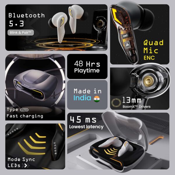 Boult Audio UFO Truly Wireless in Ear Earbuds with 48H Playtime, Built-in App Support, 45ms Low Latency Gaming, 4 Mics ENC, Breathing LEDs, 13mm Bass Drivers Ear Buds TWS, Made in India (Smoky Metal) - Image 3