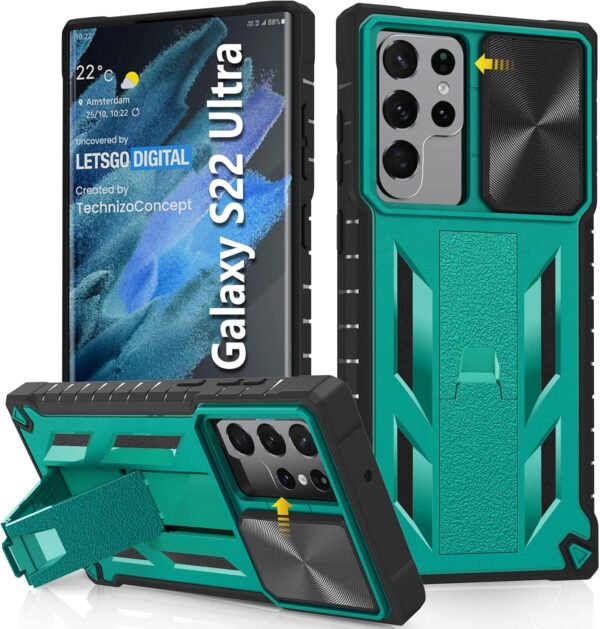 Case for Samsung Galaxy S22 Ultra: Rugged Protective S22 Ultra 5G Mobile Phone Cover with Kickstand & Slide - TPU Shockproof Bumper Textured Matte Design Military Grade Drop Protection - Green - Image 2