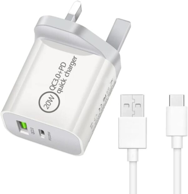DV 20W USB C Fast Charger With Cable TYPE A, TYPE C FOR iPhone 15 14/14 Plus/14 Pro/14 Pro Max/13 12 11 X XR XS SE 8 7 6 6S Mini, Pad Pro, USBC PD Charging Plug (20W QC3.0 + PD + USB Fast Cable C) - Image 2