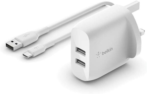 Belkin Boost Charge Dual USB-A Wall Charger 24 W + USB-A to USB-C Cable (USB Wall Charger for Samsung, Pixel, iPad Pro, More) - Image 2
