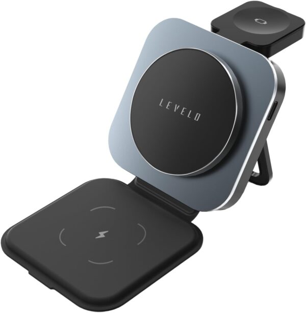 Levelo TrioFlow 3 In 1 Wireless Charger 15W, Fast Charging, Light & Compact, Travel-Friendly Design, Heat Dissipation System, Strong magnet, Foldable Portability, Leather & Aluminium Material - Grey - Image 2