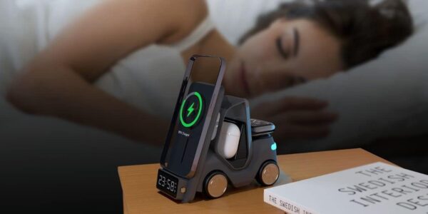 Green Lion 5 In 1 Forklift Wireless Fast Charger,15W Phone Charging,Digital Clock Display,5W Compatible With AirPods Charger,Night Light Function,2.5W Watch Charger,Anti Slip Design (Black) - Image 3