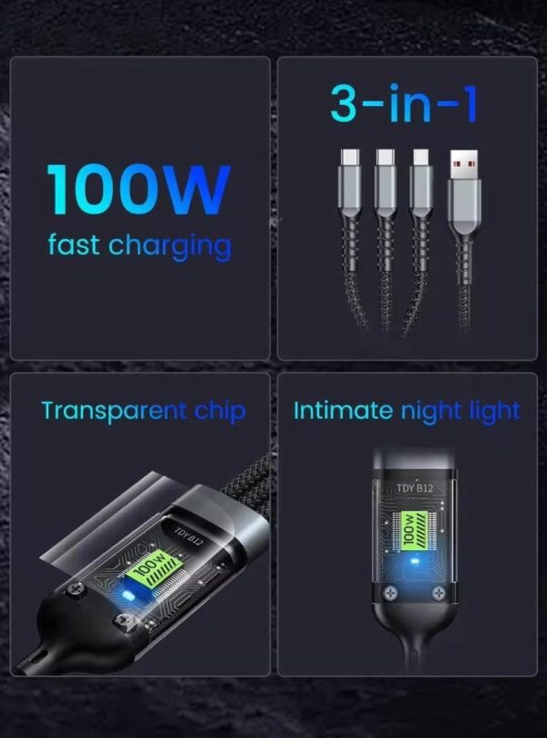 ELONSEY Fast USB Cable Charger, 3-in-1 Multi Charging 100W, Type-C/Micro USB/Lightnning, Compatible with All Devices, Strong and Durable, Black, 1.2 Meters - Image 4