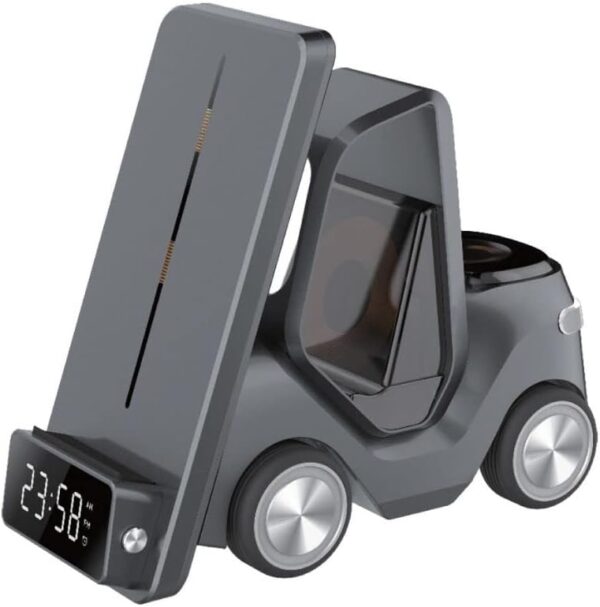 Green Lion 5 In 1 Forklift Wireless Fast Charger,15W Phone Charging,Digital Clock Display,5W Compatible With AirPods Charger,Night Light Function,2.5W Watch Charger,Anti Slip Design (Black) - Image 2