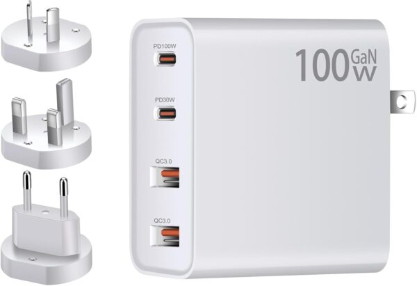 infino® 100W GaN PD Charger - 2 USB-C (100W) & 2 USB-A (18W) - 3 Interchangeable Heads for US, UK, EU, AU - Image 2