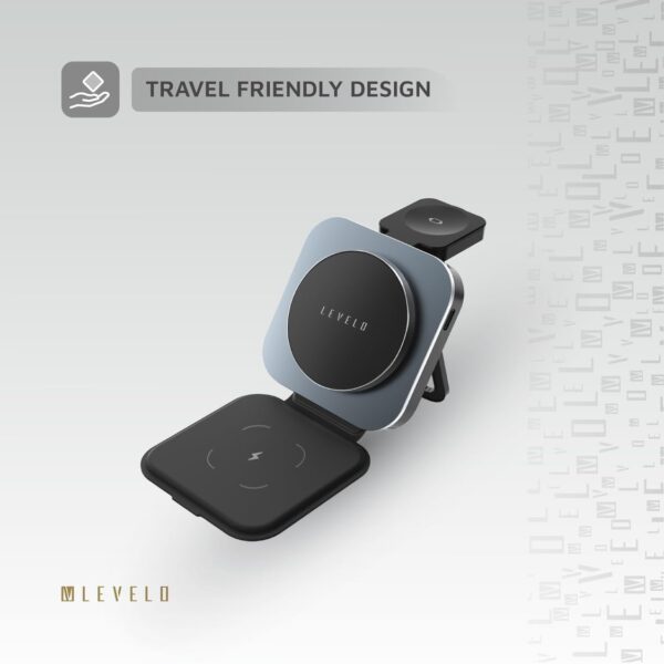 Levelo TrioFlow 3 In 1 Wireless Charger 15W, Fast Charging, Light & Compact, Travel-Friendly Design, Heat Dissipation System, Strong magnet, Foldable Portability, Leather & Aluminium Material - Grey - Image 7