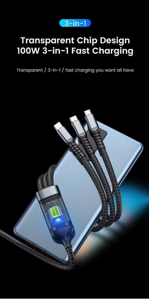 ELONSEY Fast USB Cable Charger, 3-in-1 Multi Charging 100W, Type-C/Micro USB/Lightnning, Compatible with All Devices, Strong and Durable, Black, 1.2 Meters - Image 3