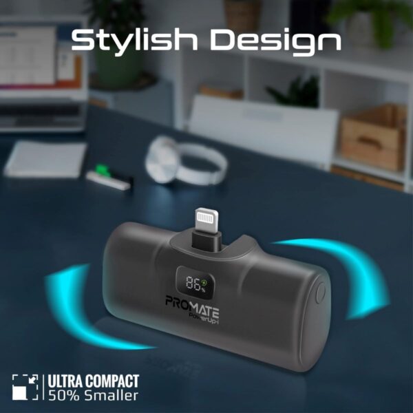 Promate Power Bank, 5000mAh Ultra-Compact Portable Charger with Built-In 20W Foldable Lightning Connecter, 20W USB-C Power Delivery Port, LED Screen and Foldable Kickstand for iPhone POWERUP-I.BLACK - Image 3