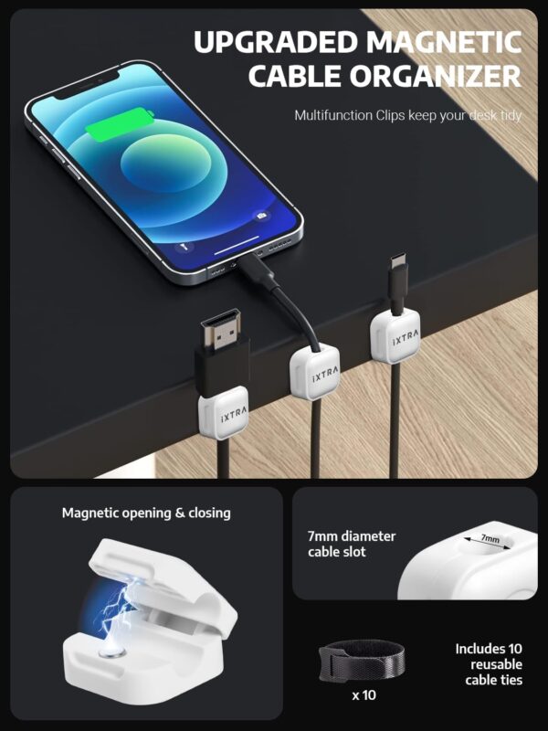 iXTRA 6 Pack Magnetic Cable Clips Cable Management Adhesive Cord Organizer Wire Holder Keeper USB Charger Holder for Home & Office Desk Phone Wall Kitchen Car Desktop Nightstand (White) - Image 3