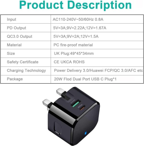 Necomi USB C Charger, ® 20W Fast Charge Wall Plug, 2 Ports PD&QC 3.0 Fast Charger Plug Compatible for iPhone 13/13 Pro 12/12 Pro/12 Pro Max/11/XS/XR, iPad, Galaxy - Image 6