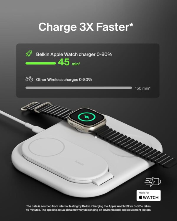 Belkin MagSafe Charger, BoostCharge 3-in-1 Magnetic Foldable Charger with Qi2 15W - MagSafe-Compatible Fast Charger for Apple iPhone 16, Apple Watch, AirPods with Non-Slip Base, PSU Included - White - Image 4