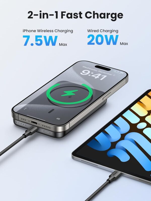 UGREEN 10000mAh Magsafe Power Bank, Wireless Portable Charger Fast Charging, iPhone Charger PD 20W Wired Charging, iPhone Magsafe Charger Battery Pack for iPhone 12-16 Series, Samsung Space Gray - Image 3