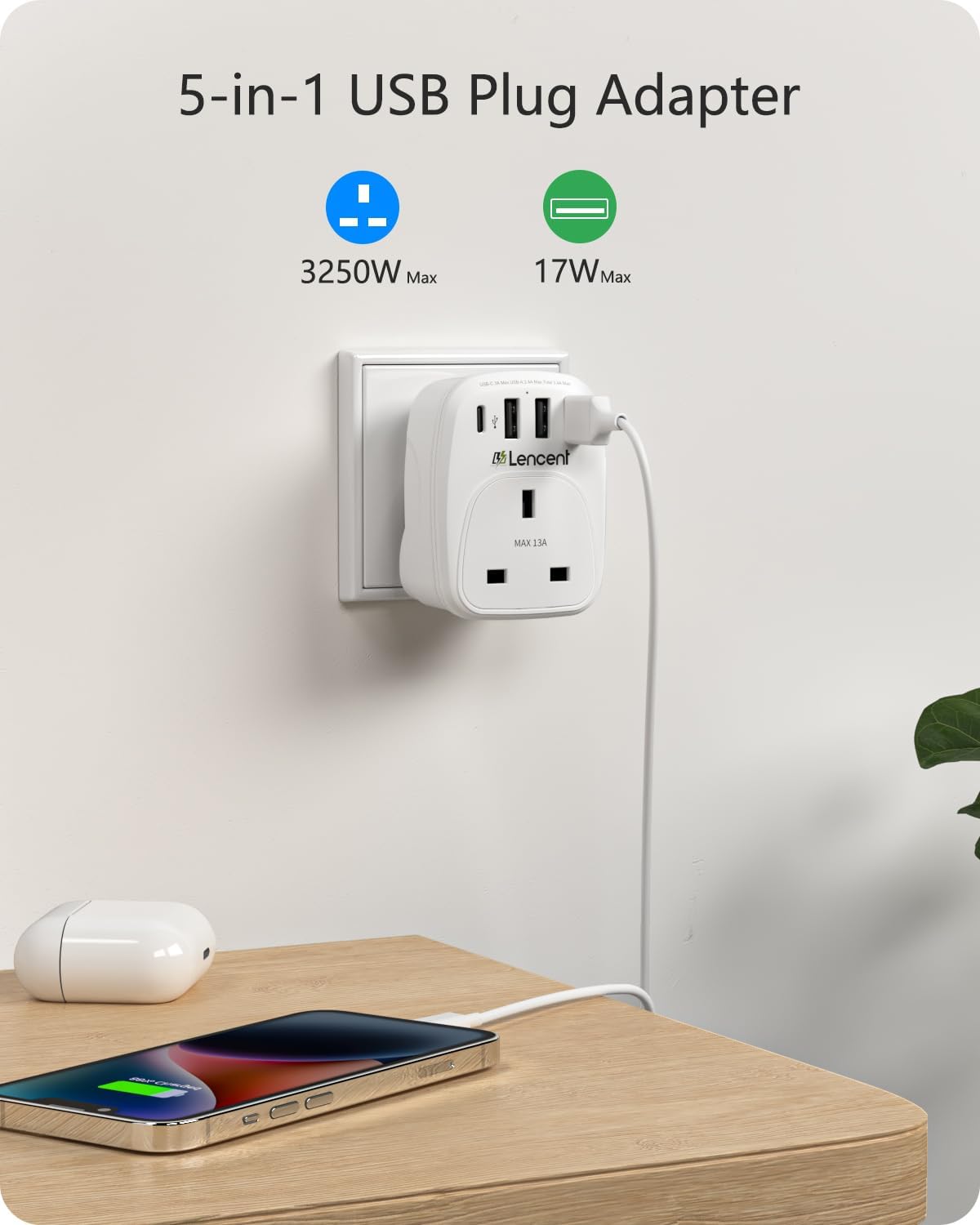 LENCENT USB Plug Charger UK with 1 Type C and 3 USB Ports, 1 Way Socket Extension, 5-in-1 USB Outlet Plug Extender for Household Appliances, iPhone, Smartphone Tablets, Ideal for Home Office Bedroom - Image 3