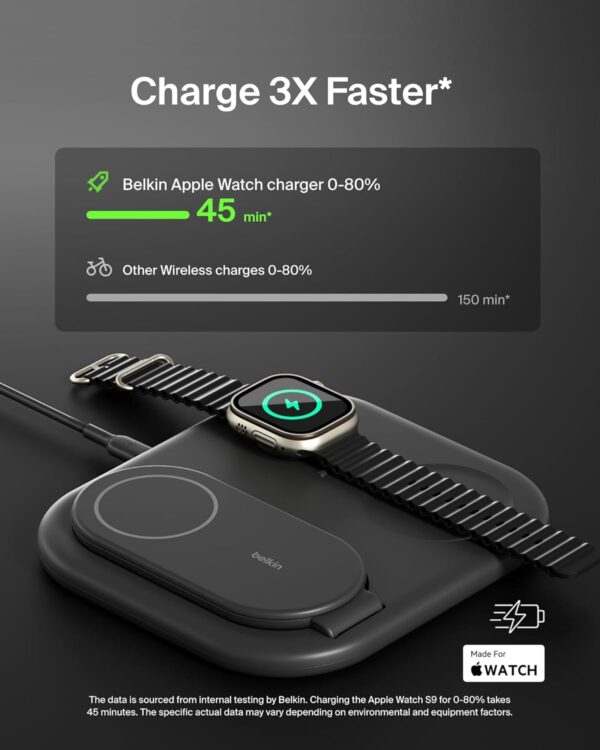 Belkin MagSafe Charger, BoostCharge 3-in-1 Magnetic Foldable Charger with Qi2 15W - MagSafe-Compatible Fast Charger for Apple iPhone 16, Apple Watch, AirPods with Non-Slip Base, PSU Included - Black - Image 4