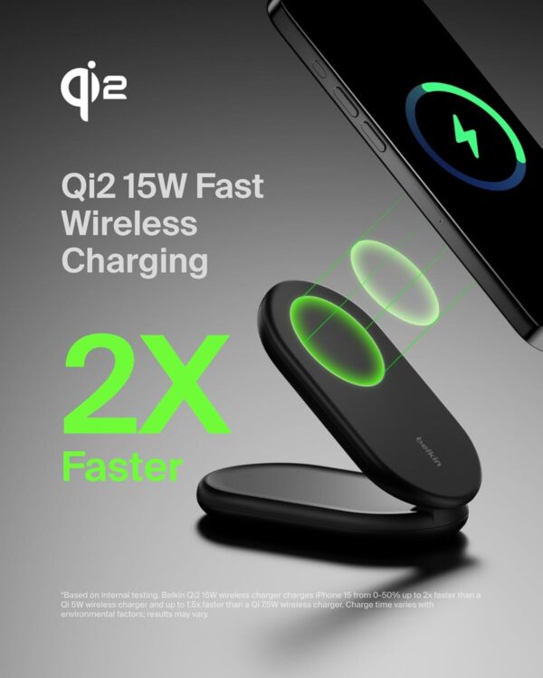 Belkin BoostCharge MagSafe Charger, Magnetic Foldable Wireless Charging Stand 15W, MagSafe-Compatible Portable Fast Charger for Qi2, iPhone 16, 15 & 14 Series, Standy Mode Ready, PSU Included - Black - Image 4