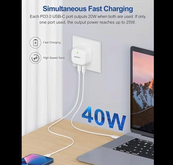 First Pro Dual Type C Charger 40W - Fast Charging phone Adapter for android, iphone16 Pro max/iPhone 15 Pro Max, iPad Pro, Apple Devices, Samsung s23 ultra - 2 USB-C PD, Type C & Type-C Cable Included - Image 6