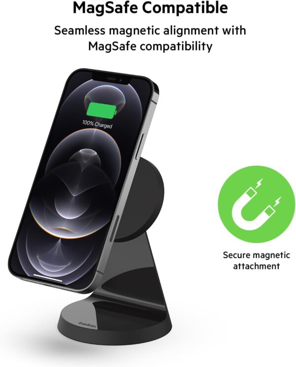 Belkin Magnetic Wireless Charger Stand (Compatible with MagSafe for iPhone 14, iPhone 13 and iPhone 12 Series and other MagSafe Enabled Devices, PSU not included) – Black - Image 3
