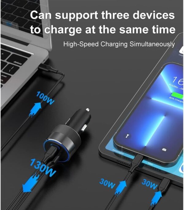 TIKNIA 130W USB C Car Fast Charger, Power Adapter PPS PD 100W + PD 30W Quick Charging USB A QC 3.0, Cigarette Lighter Type C Charger Compatible with Laptop, Smartphone, Tablet, iPad, and More - Image 3