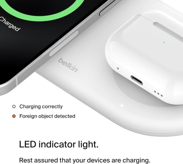 Belkin BoostCharge Pro 2-in-1 Wireless Charging Pad with Magnetic Qi2 15W, Fast Charging iPhone Wireless Charger Compatible with iPhone 15 Series, AirPods, MagSafe Enabled Devices - White - Image 7